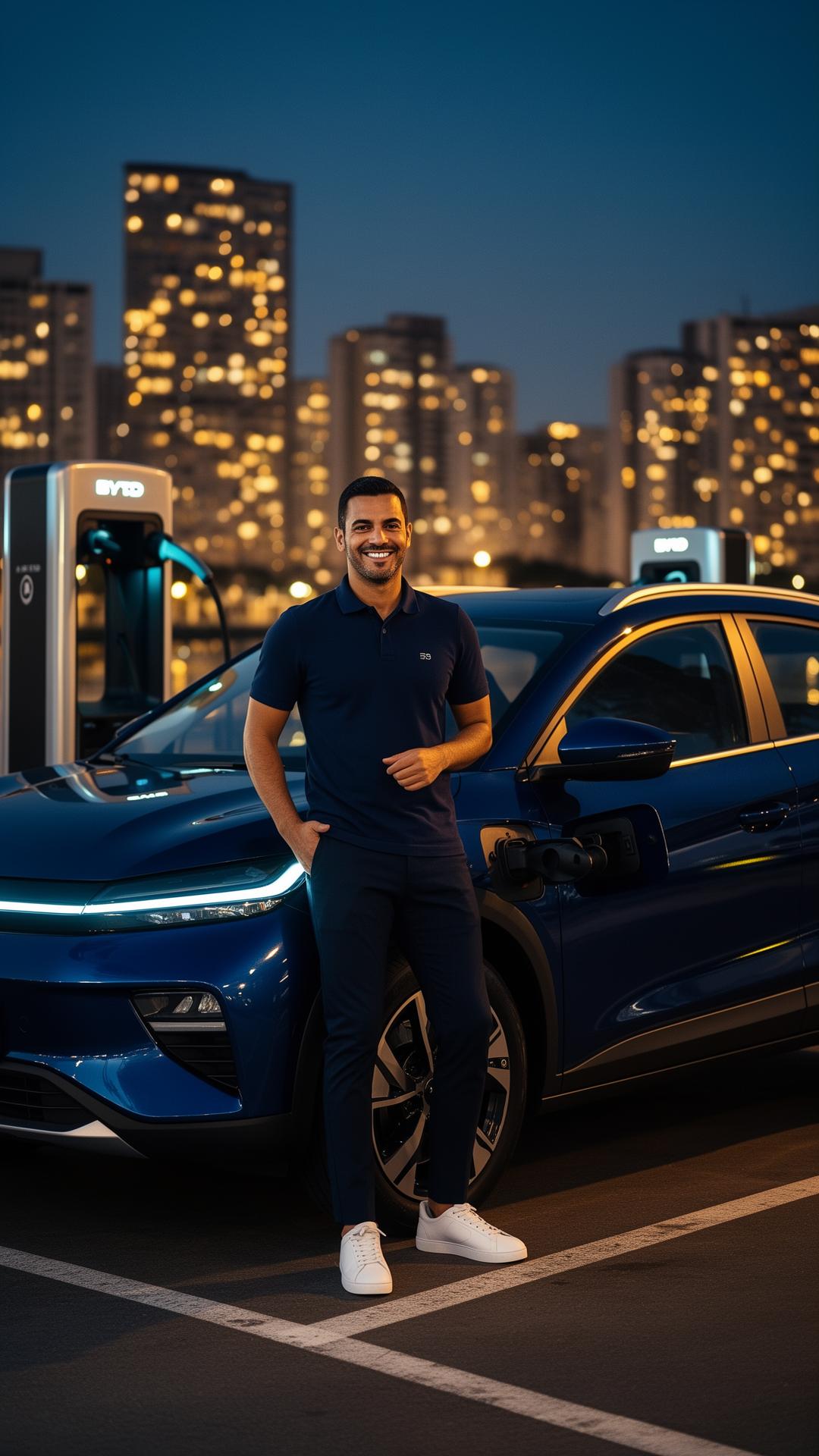 Motorista de aplicativo de corpo inteiro ao lado de carro elétrico moderno